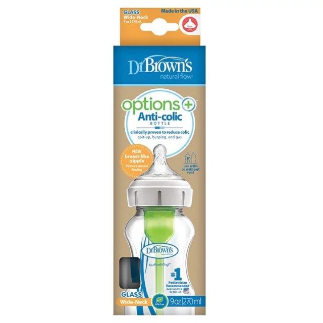 Dr. Browns Natural Flow Anti Collic Μπιμπερό Γυάλινο Options+ Φαρδύ Λαιμό 270 ml 1 τεμ - WB 91700 product photo